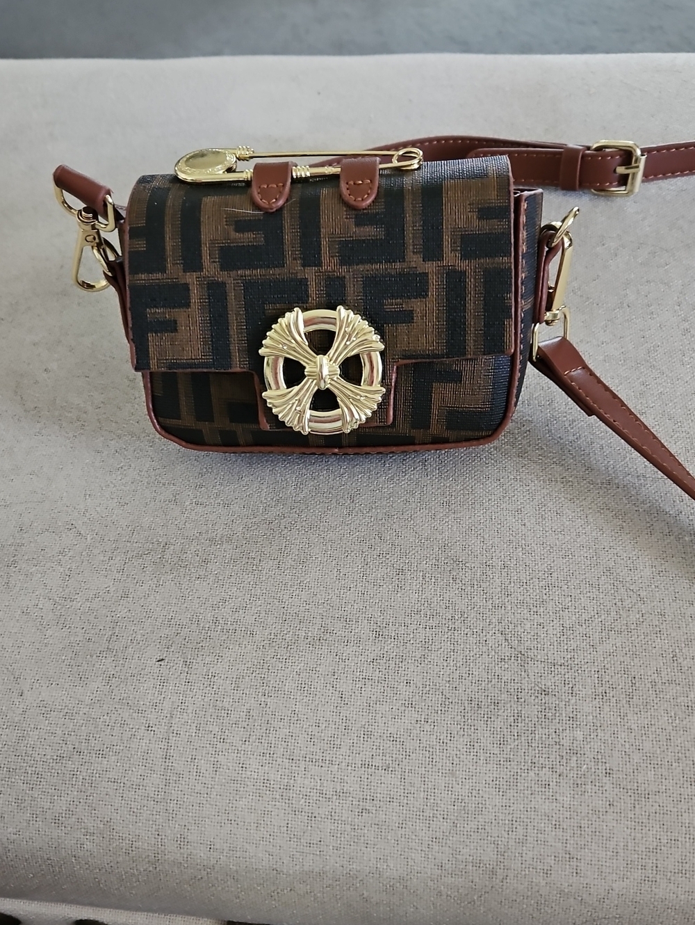 New Small Size Brown Monogram Crossbody Bag with Gold Emblem - Picture 1 of 1